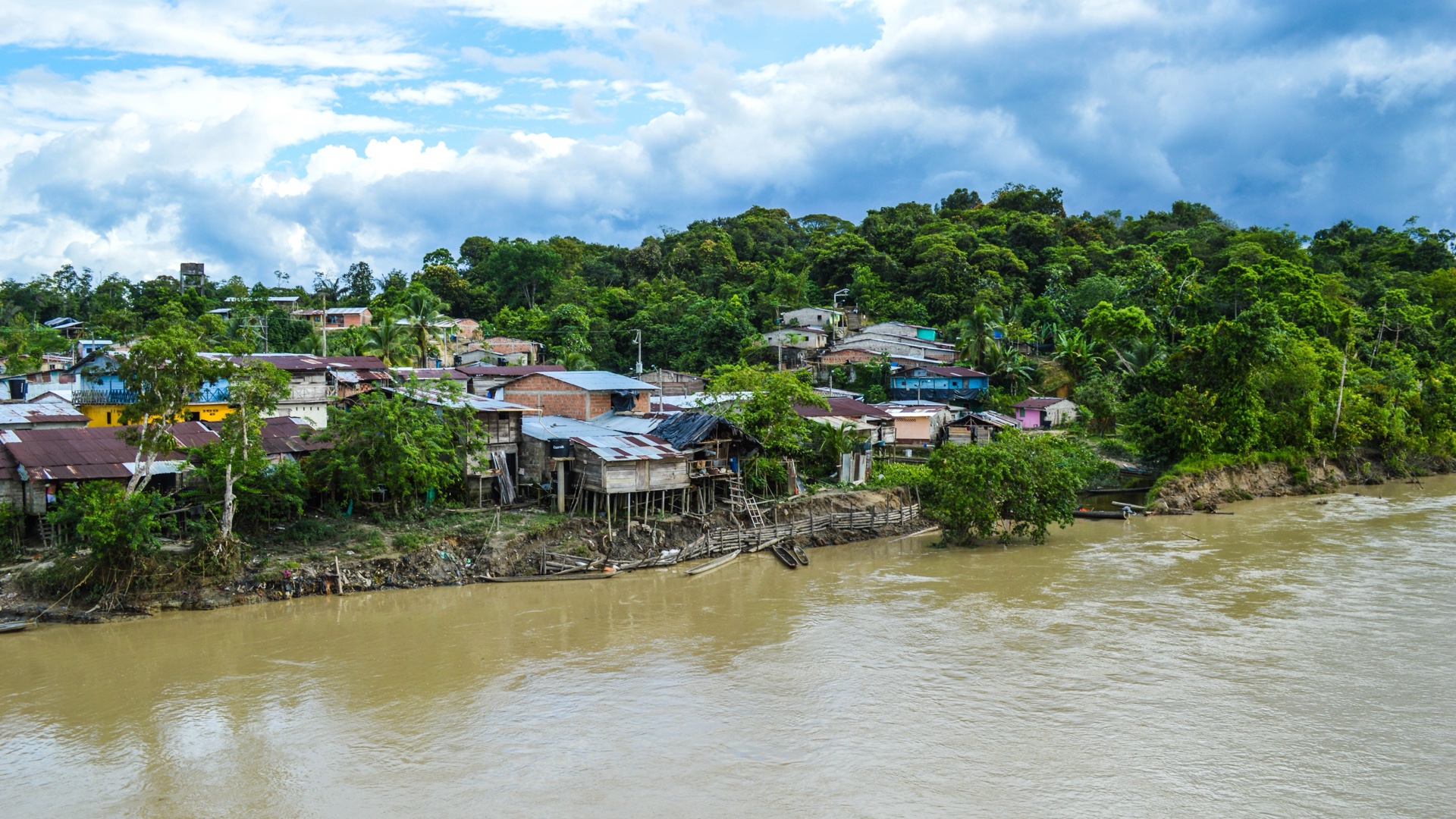 Ucayali River near Pucallpa Peru aerial riverbank settlement