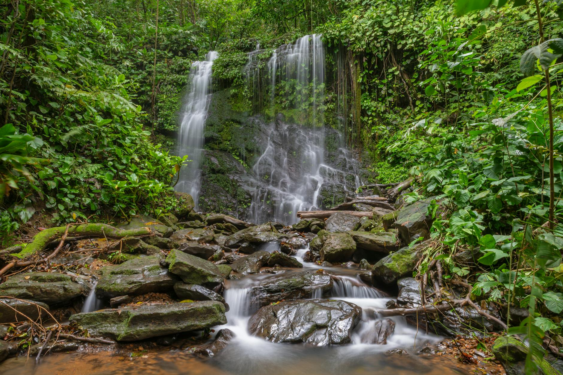 Explore the tranquil beauty of a cascading waterfall in Costa Rica's vibrant rainforest.
