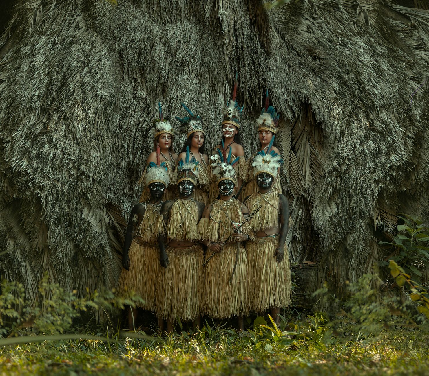 A group dressed in traditional Peruvian Amazonian costumes, set in Tingo María, capturing Peru's rich cultural heritage.