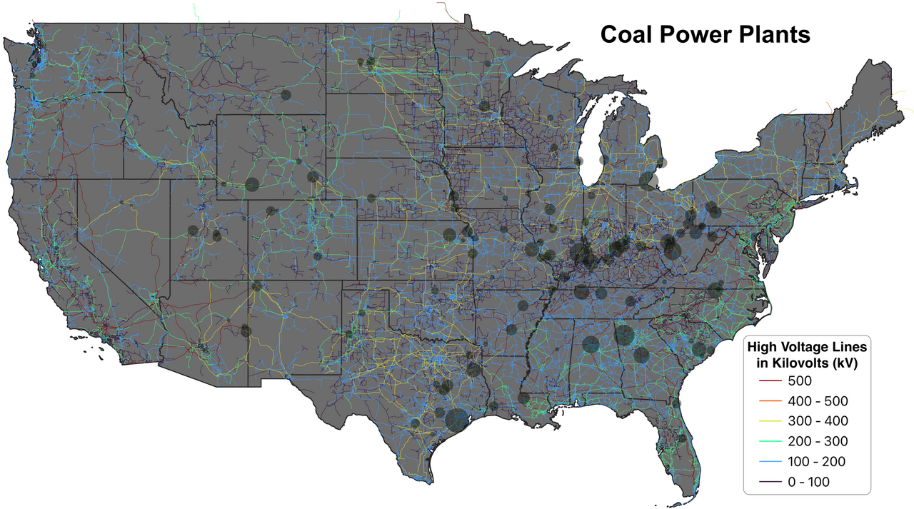 Map of coal power plants in the United States
