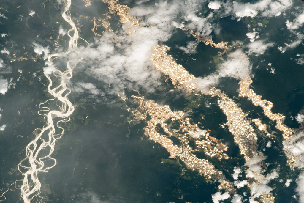 Gold-mining pits interrupting rainforest beside a winding river in Peru’s Madre de Dios region.
