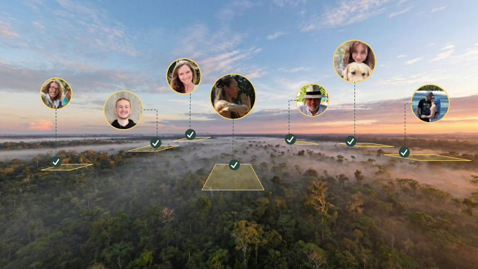Fund The Planet illustration connecting people with outlined rainforest areas.